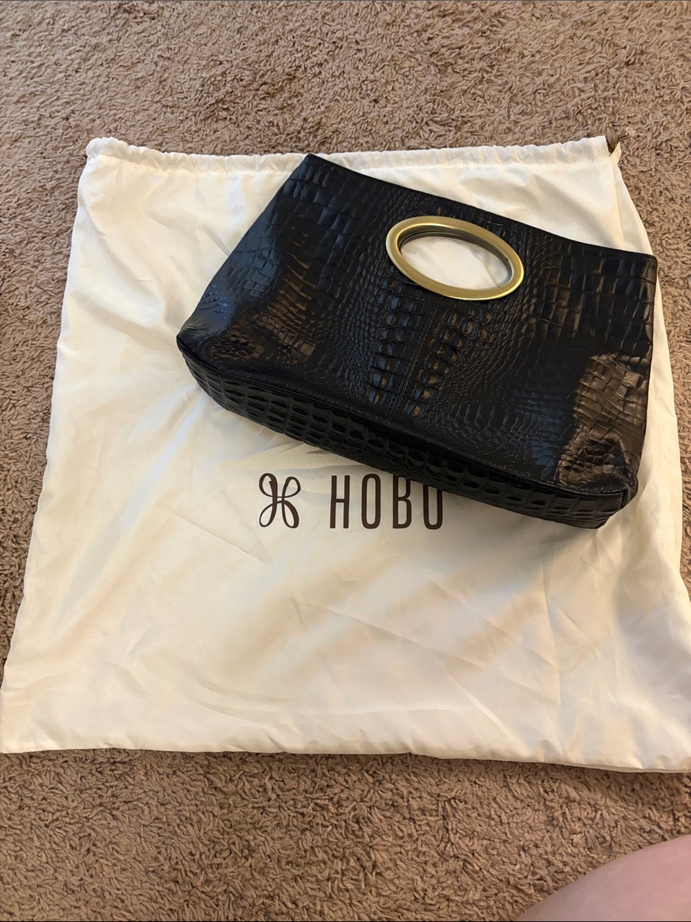 Kate Landry Black Croc-Embossed Clutch with Gold Oval Handle
